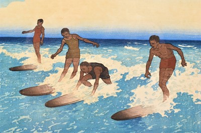 Lot 1100 - Charles William Bartlett (1860-1940) signed woodcut - Surf-Riders, Honolulu