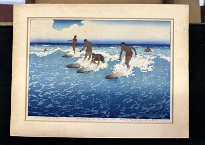 Lot 1100 - Charles William Bartlett (1860-1940) signed woodcut - Surf-Riders, Honolulu