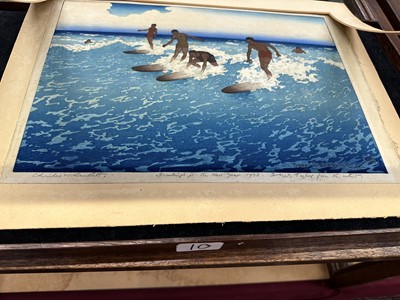 Lot 1100 - Charles William Bartlett (1860-1940) signed woodcut - Surf-Riders, Honolulu
