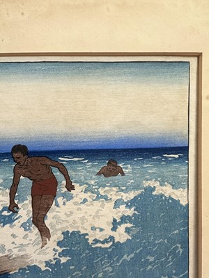 Lot 1100 - Charles William Bartlett (1860-1940) signed woodcut - Surf-Riders, Honolulu