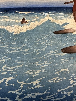 Lot 1100 - Charles William Bartlett (1860-1940) signed woodcut - Surf-Riders, Honolulu