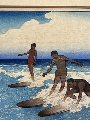 Lot 1100 - Charles William Bartlett (1860-1940) signed woodcut - Surf-Riders, Honolulu