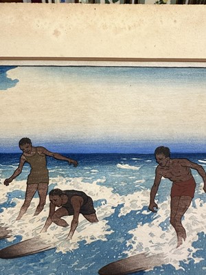 Lot 1100 - Charles William Bartlett (1860-1940) signed woodcut - Surf-Riders, Honolulu