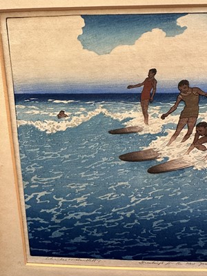 Lot 1100 - Charles William Bartlett (1860-1940) signed woodcut - Surf-Riders, Honolulu