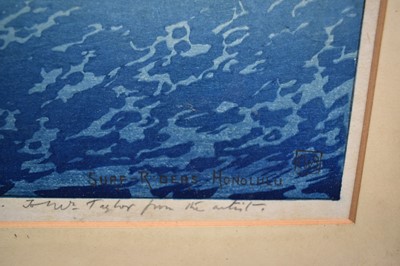 Lot 1100 - Charles William Bartlett (1860-1940) signed woodcut - Surf-Riders, Honolulu