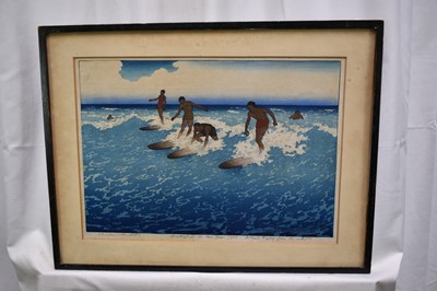 Lot 1100 - Charles William Bartlett (1860-1940) signed woodcut - Surf-Riders, Honolulu