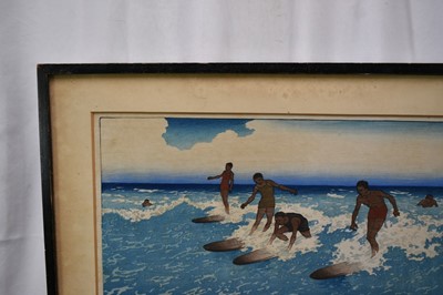 Lot 1100 - Charles William Bartlett (1860-1940) signed woodcut - Surf-Riders, Honolulu