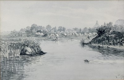 Lot 92 - Sir Francis Law Durand, 19th century, monochrome watercolour - Khamiab Cavalry Camp, signed and dated 1886, 24cm x 37cm, in glazed frame