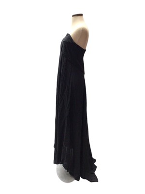 Lot 2050 - Chanel late 90s black silk crepe strapless evening gown with a black metal CC logo to the front of the bodice. Label size 42. On a Chanel hanger