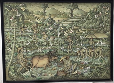 Lot 215 - Balinese school, painting on cloth - extensive landscape, signed and inscribed Ubud, Bali, 60 x 83cm, framed