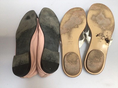 Lot 2093 - Pair of Chanel pink and black leather pumps with stitched CC logo to the toe, size 40½ and a pair of Chanel white leather and chain detail flat sandals, size 39½