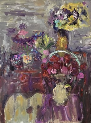 Lot 76 - Annelise Firth (b.1961) oil on canvas - Still life, with purple and red flowers on grey background, signed and dated 2024 verso, 102cm x 76cm, unframed