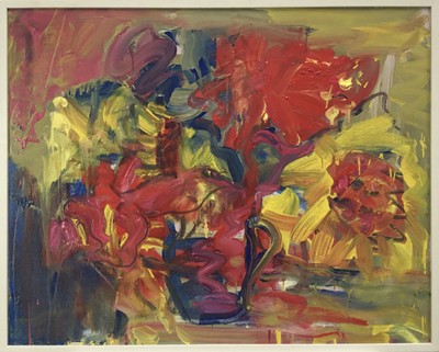 Lot 223 - Annelise Firth (b.1961) oil on canvas - Still Life, yellow and red flowers in a blue jug, signed and dated 2023, 60cm x 75cm, framed