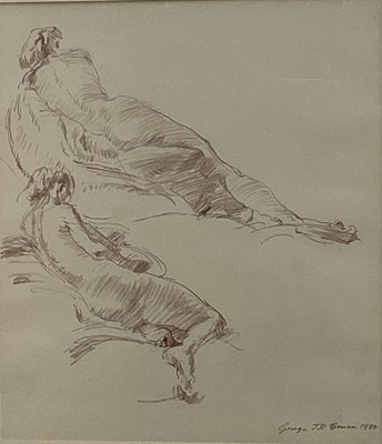 Lot 76 - George J.D. Bruce, British (Suffolk) 1930-2022. Red chalk study on paper of female nudes. Signed and dated 1982 lower right. Overall including frame 64.5x58cm.