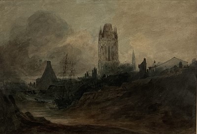 Lot 85 - 19th century watercolour on paper, a moody harbour scene with boats and Cathedral. Signed with initials “P.A.”. Overall including frame 55x71cm.