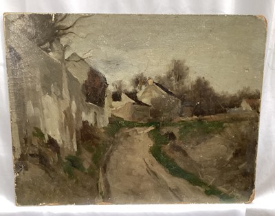 Lot 84 - Joseph Paul Meslé, 1855-1929. 19th century or early 20th century plein air impressionist oil on board, village scene with houses and trees, signed lower left and verso. 27x35cm.