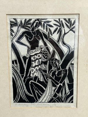 Lot 127 - Beryl Antonia Botterill Yeoman (1907-1970) pen and ink, figures beside the sea, indistinctly titled 25 x 18cm, glazed frame