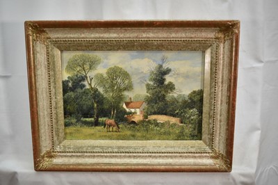 Lot 970 - *Clive Madgwick (1939-2005) oil on board - 'Beside the Old Bridge', signed, 18.5cm x 28.5cm, framed