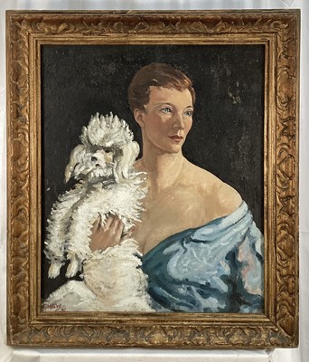 Lot 258 - Oil on canvas of a woman holding a poodle, signed and dated 51, 59.5cm x 49.5cm, in gilt frame