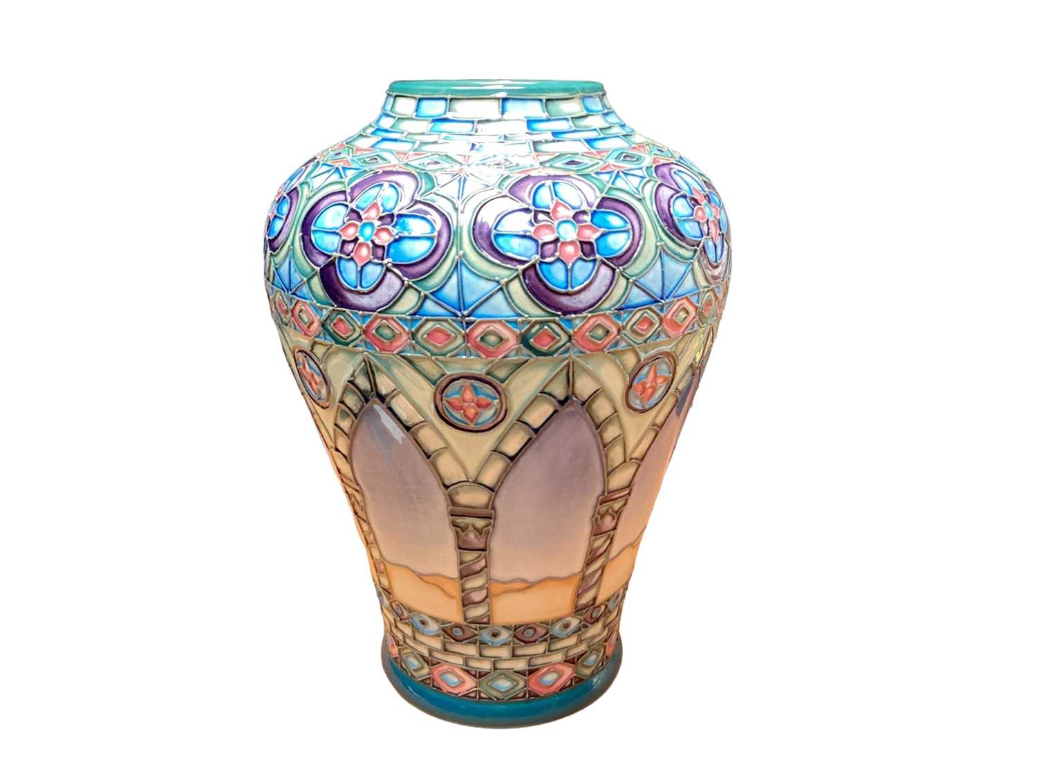 Lot 1128 - Moorcroft pottery limited edition vase 'Meknes' pattern vase designed by Beverley Wilkes, boxed