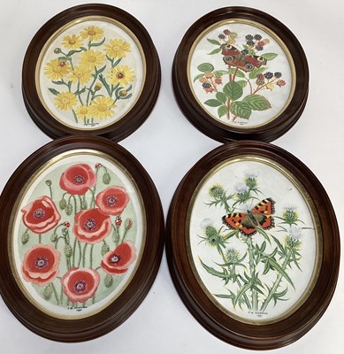 Lot 189 - A.M. Alderson, group of four watercolours of butterflies, fruit and flowers, 18cm x 13cm, in oval frames