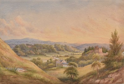 Lot 263 - Victorian English School watercolour - Extensive rolling landscape with a country house and folly, 23.5cm x 35cm, in glazed frame