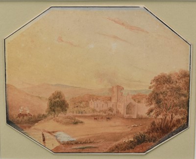 Lot 258 - Manner of Copley Fielding (1787-1855) watercolour - Fountains Abbey, signed, octagonal. 17cm x 20.5cm, in glazed gilt frame