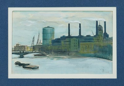 Lot 257 - M. Powell, mid 20th century, pencil and watercolour - Battersea Power Station from Queensborough House, signed, 14cm x 22cm, in glazed frame