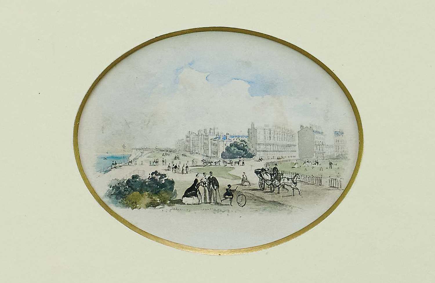 Lot 192 - Chambers Hall (1786 - 1855), oval pencil and watercolour - The Lees, Folkestone, looking west, 8.5cm x 10.5cm, in glazed gilt frame, 28.5cm x 33.5cm. Exhibited: Fry Gallery Christmas Exhi...