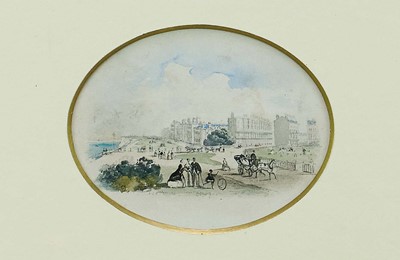 Lot 251 - Chambers Hall (1786 - 1855), oval pencil and watercolour - The Lees, Folkestone, looking west, 8.5cm x 10.5cm, in glazed gilt frame, 28.5cm x 33.5cm. Exhibited: Fry Gallery Christmas Exhi...