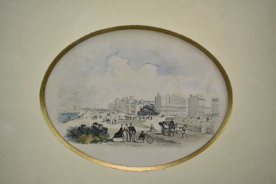 Lot 192 - Chambers Hall (1786 - 1855), oval pencil and watercolour - The Lees, Folkestone, looking west, 8.5cm x 10.5cm, in glazed gilt frame, 28.5cm x 33.5cm. Exhibited: Fry Gallery Christmas Exhi...