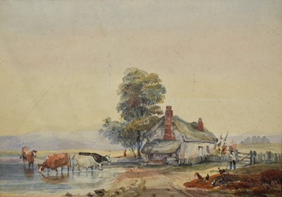 Lot 91 - English School, early 19th century, watercolour - Cattle Watering beside a Cottage, 15.5cm x 22cm, in glazed maple veneered frame