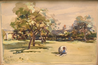 Lot 81 - Group of 19th century and later watercolours to include: William Miller Frazer (1864-1961), Figure in a Garden, inscribed Kurtillo July '91, 13.5 x 20cm, Henry Wilson (1864-1934), Cambridg...