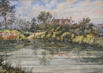 Lot 70 - English School, early 20th century, watercolour - View of Hemsworth Hospital, Holgate, Yorkshire, inscribed and signed with initials J.A.A, 34.5cm x 49.5cm, in glazed frame