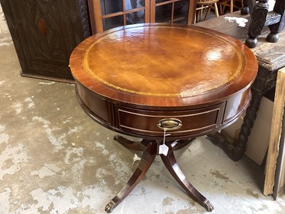 Lot 1360 - Regency style mahogany drum table with inset leather top and single frieze drawer, 76cm diameter, 74cm high