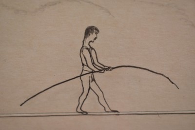 Lot 954 - *Colin Self (b.1941) pencil on card packaging - The Tightrope Walker, signed and dated 2008, titled verso, 14.5cm x 13cm, in glazed frame