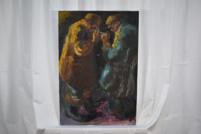 Lot 947 - *Colin Moss (1914-2005) oil on board - 'Sharing a Light', an early work, signed and dated '54, unframed 56 x 38cm