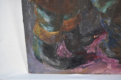 Lot 947 - *Colin Moss (1914-2005) oil on board - 'Sharing a Light', an early work, signed and dated '54, unframed 56 x 38cm