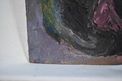 Lot 947 - *Colin Moss (1914-2005) oil on board - 'Sharing a Light', an early work, signed and dated '54, unframed 56 x 38cm