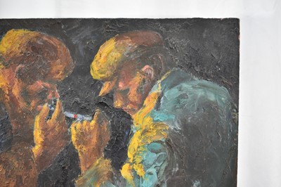 Lot 947 - *Colin Moss (1914-2005) oil on board - 'Sharing a Light', an early work, signed and dated '54, unframed 56 x 38cm