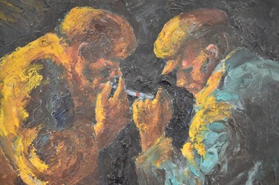 Lot 947 - *Colin Moss (1914-2005) oil on board - 'Sharing a Light', an early work, signed and dated '54, unframed 56 x 38cm