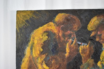 Lot 947 - *Colin Moss (1914-2005) oil on board - 'Sharing a Light', an early work, signed and dated '54, unframed 56 x 38cm