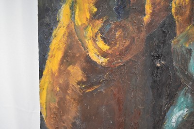 Lot 947 - *Colin Moss (1914-2005) oil on board - 'Sharing a Light', an early work, signed and dated '54, unframed 56 x 38cm