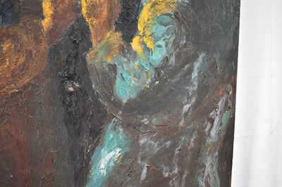 Lot 947 - *Colin Moss (1914-2005) oil on board - 'Sharing a Light', an early work, signed and dated '54, unframed 56 x 38cm