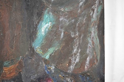 Lot 947 - *Colin Moss (1914-2005) oil on board - 'Sharing a Light', an early work, signed and dated '54, unframed 56 x 38cm