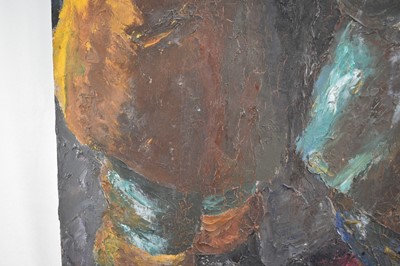 Lot 947 - *Colin Moss (1914-2005) oil on board - 'Sharing a Light', an early work, signed and dated '54, unframed 56 x 38cm
