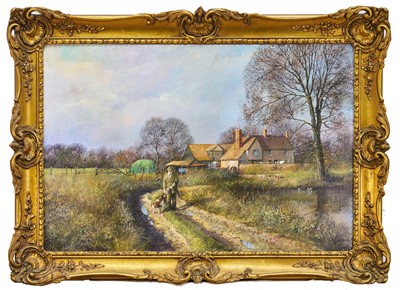 Lot 1205 - *Clive Madgwick (1939-2005) oil on canvas - 'One Man and his Dog', signed, dated 1985 verso, 51cm x 76cm, in gilt frame
