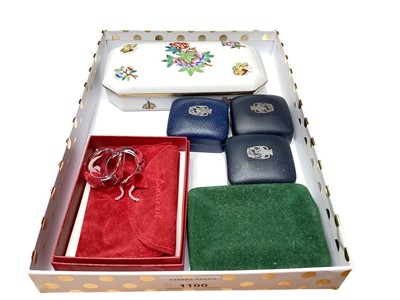 Lot 1100 - Herend porcelain box with cover, pair of Baccarat pink glass napkin rings, Wedgwood Jasperware brooches and pendant, boxed and a Wedgwood Jasperware christening gift