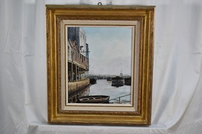 Lot 1015 - *Clive Madgwick (1939-2005) oil on canvas - Ipswich Docks, signed and dated 1975, 30.5cm x 25.5cm, in gilt frame