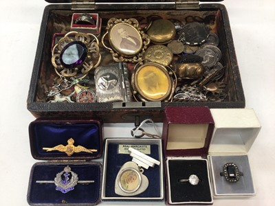 Lot 82 - Box of antique and later jewellery including Victorian gilt metal glazed mourning brooches, silver and enamel Royal Navy sw...